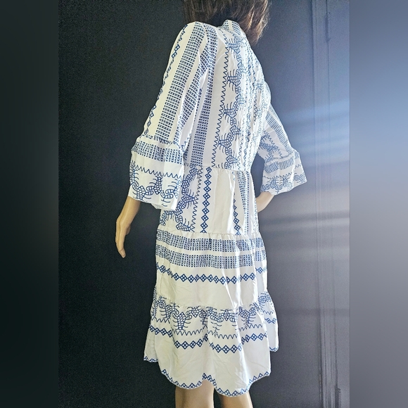 NWOT White and Blue Flounce Sleeve Tiered Dress Cover Up XS S - Picture 2 of 2